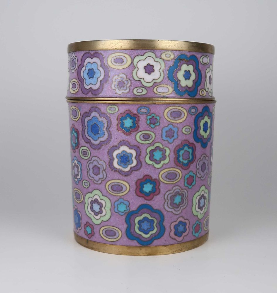 Caixa cilíndrica de chá em cloisonné (estilo Fabienne Jouvin)