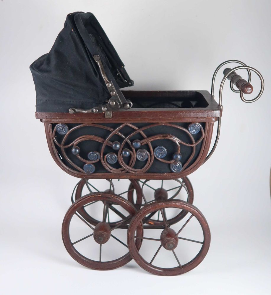 Carrinho/buggy de bonecas vintage, madeira/metal