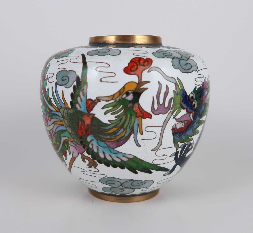Pote sem tampa cloisonné antigo - Fênix e Dragão