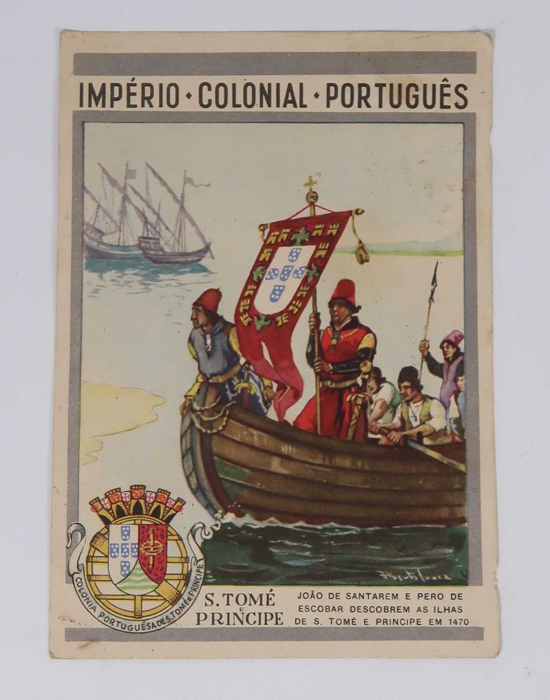 Postal com ilustração da descoberta de S. Tomé e Principe em 1470