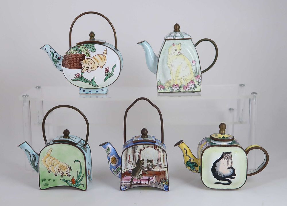 Conjuntos de 5 bules miniatura esmalte de cantão -Gatos